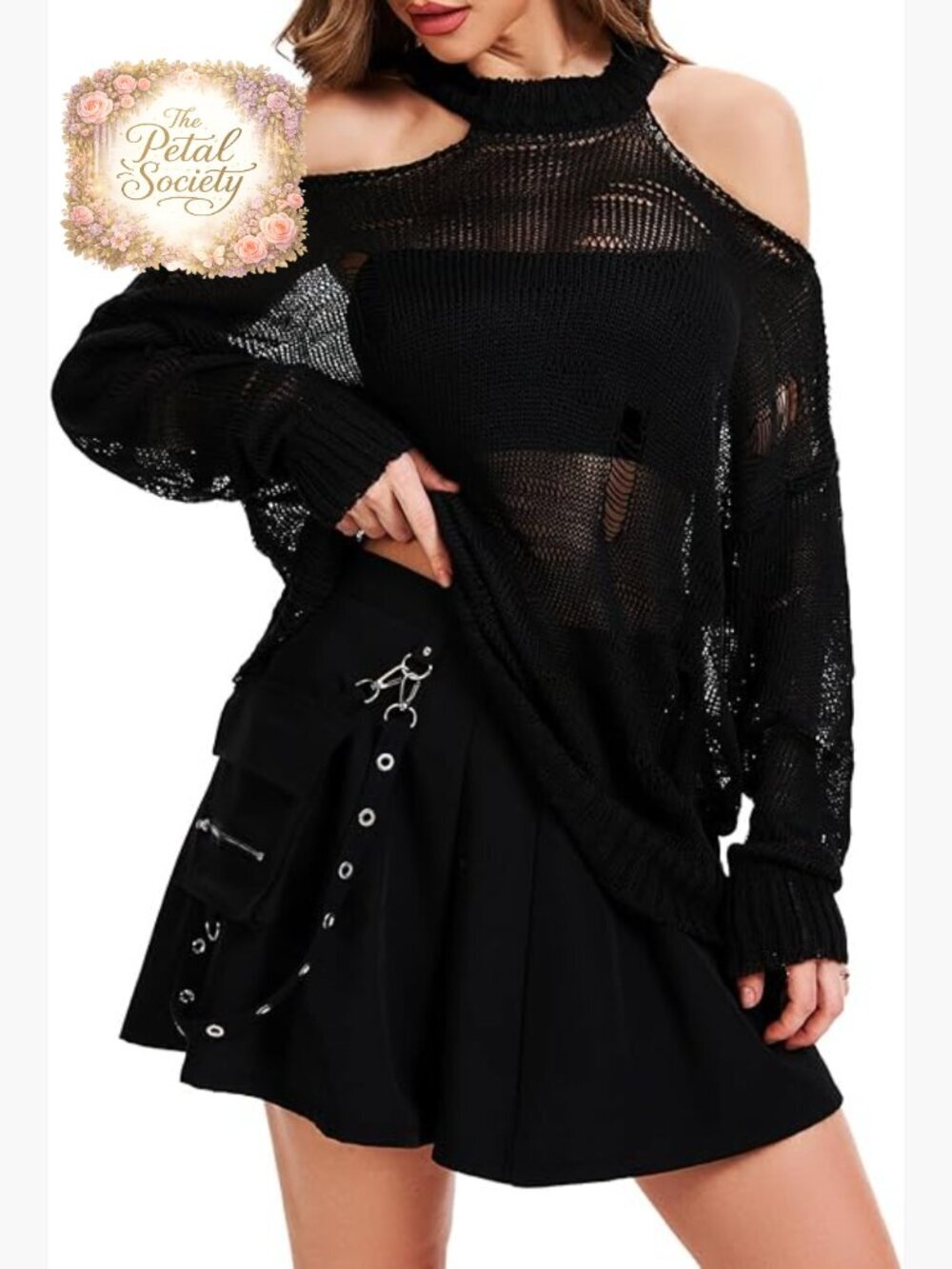 Distressed Off Shoulder Sweater Long Sleeve Knit Top Loose Fit Lightweight